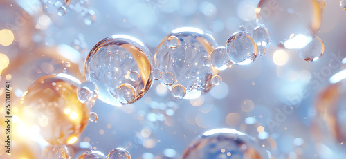 Close up of shiny light blue face serum molecules. Skincare and beauty commercial abstract background.