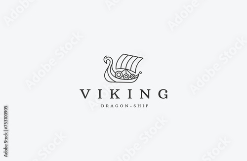Viking dragon ship logo design template flat vector