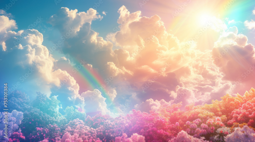 A spectacular view of a rainbow and brilliant sun flare piercing through fluffy clouds above a lush, multicolored floral landscape A spectacular view of a rainbow and brilliant sun flare piercing through fluffy clouds above a lush, multicolored floral landscape