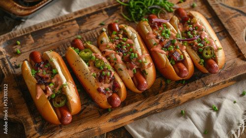 These hot dogs are artfully arranged on a rustic wooden serving tray, each placed diagonally to create a dynamic and inviting display
