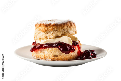 Scone with berry jam on plate isolated on transparent background.