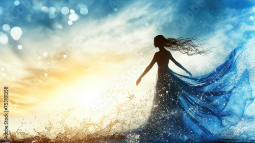 Goddess of fairy in magical blue dress walks on water, magical sea scene
