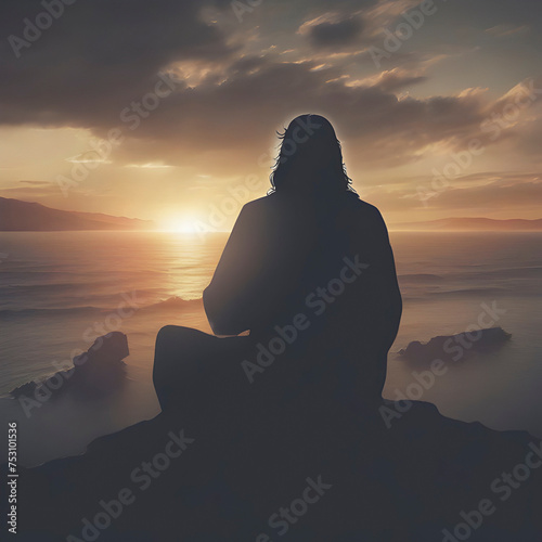 Jesus Christ silhouette with the sunset coast. photo
