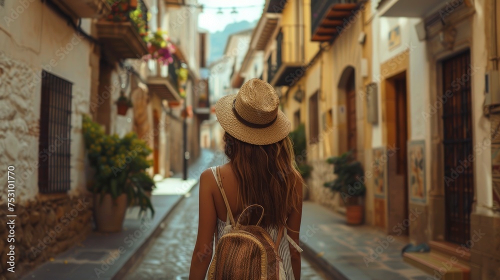 beautiful woman from behind with hat and a travel backpack on a beautiful street