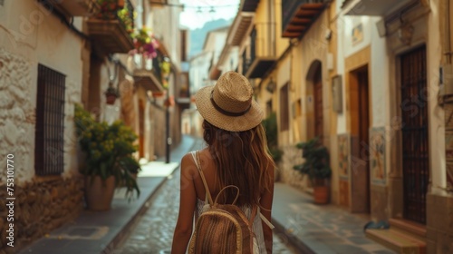 beautiful woman from behind with hat and a travel backpack on a beautiful street