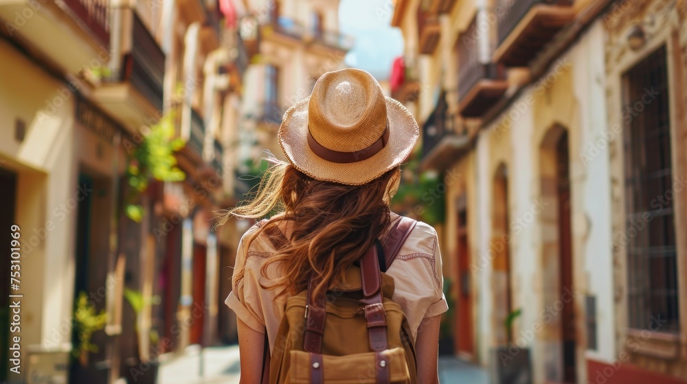 beautiful woman from behind with a hat and a backpack traveling on a beautiful street in high resolution and quality beautiful woman from behind with a hat and a backpack traveling on a beautiful street in high resolution and quality