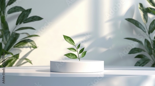 White 3d round pedestal podium background with Greenbay leaf and minimalist design natural sun rays. Mockup promotion display