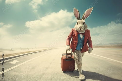 Easter bunny man traveling with suitcase on airport photo