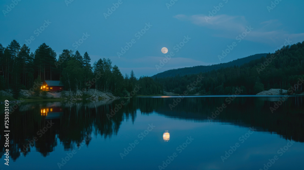 Lunar Glow: Moonrise Over Forest Lake Lunar Glow: Moonrise Over Forest Lake
