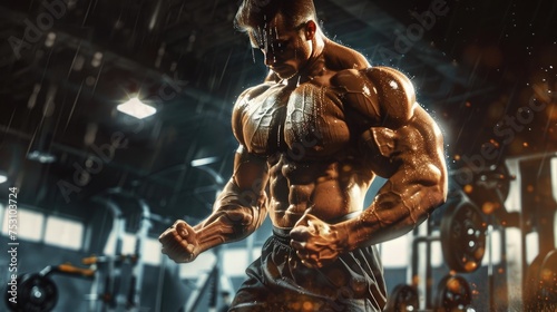 A bodybuilder lifting heavy weights in a gym, veins bulging and muscles glistening with sweat, showcasing strength and determination.