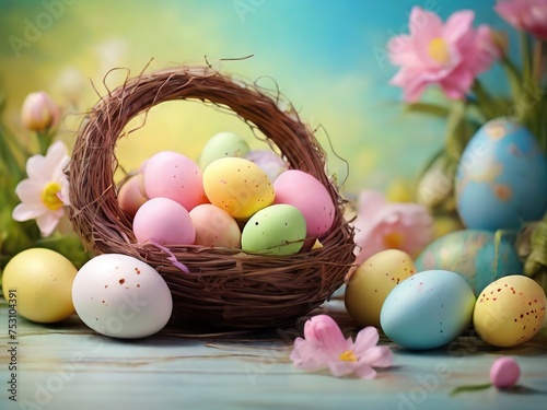 Colorful easter eggs in basket and tulips on wooden table