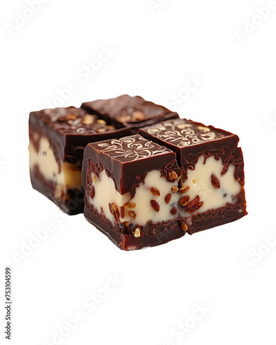 four squares of nutty fudge are sitting, in the style of dao trong le, light black and maroon, high definition, traditional, meticulous, neogeo, multilayered photo