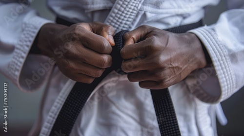 A close-up of a judo black belt tying their belt, with hands showcasing the intricate movements and attention to detail in preparation for a match.