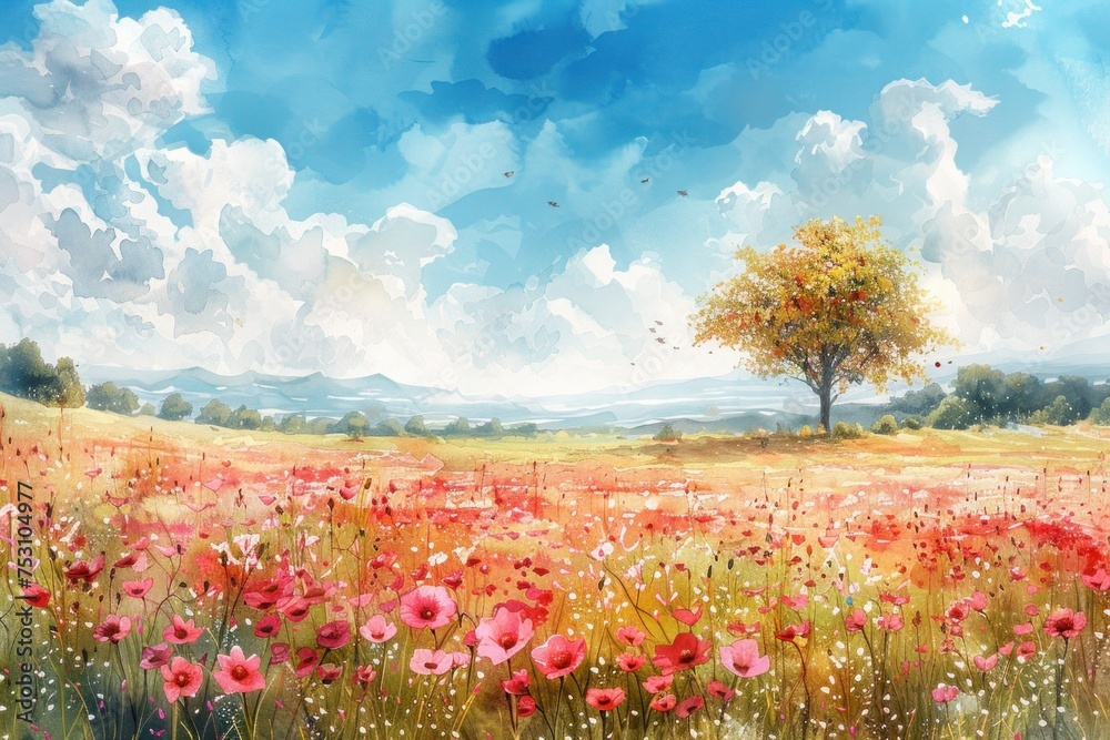An idyllic watercolor landscape featuring a tranquil field full of red and pink spring flowers  - obrazy, fototapety, plakaty 