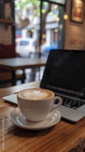 a coffee on a table besides a closed สaptop. a laptop. outdoor office with laptop and coffee up on desk at Financial District. © banthita166