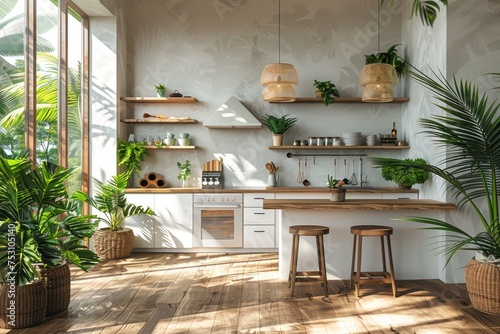 Light-filled kitchen space with wood accents and lush green plants photo