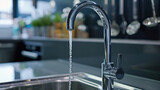 Modern kitchen faucet with a stream of water flowing into a stainless steel sink, blurred background showcasing a contemporary interior. Concept: Clean, fresh water in a modern kitchen setting.