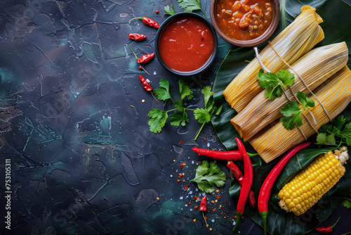 Mexican tamales of corn leaves with chili and sauces on a dark backdrop. Mexican traditional food banner with top view and a big space for text or product.