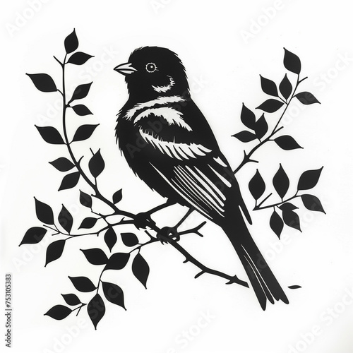 Detailed Black and White Bird with Leaves Clip Art photo