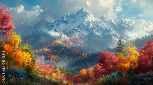 the mountain autumn landscape with colorful forest.