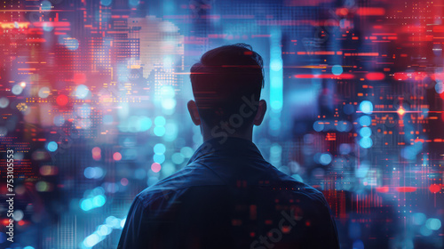 back view silhouette of a man in a futuristic city background with UI overlay. Generative AI