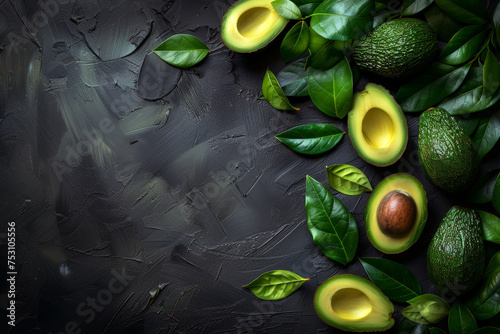 Ripe avocado fruits and leaves on a dark slate gray background. vegan food banner  with top view and a big space for text or product. photo