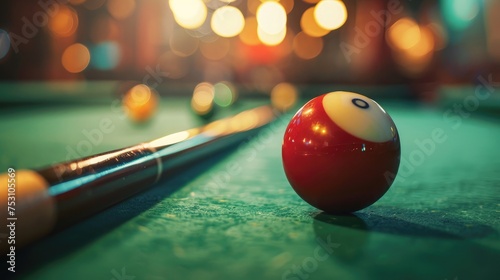 A close-up view of a billiard ball being struck by a cue, capturing the moment of impact and the dynamic movement of the ball across the green felt of the table.
