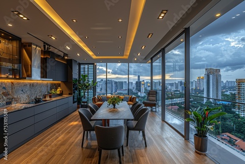 Twilight descends over a lavish dining area within an upscale urban apartment, featuring fine dining setup © familymedia