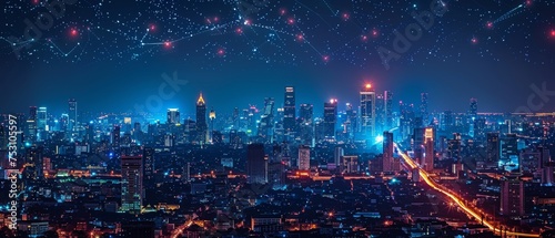 The concept of wireless technology and wireless network connections with Bangkok city background at night in Thailand, panoramic view
