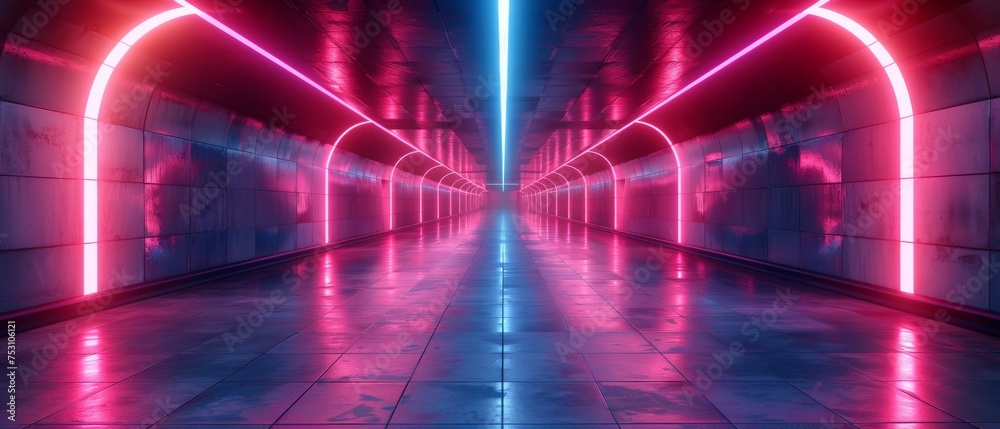It's Time to Unleash Luminous Velocity: A Hypnotic 3D Showcase of Dynamic Neon Stripe Lights Enveloping the Walls and Floor with Radiant Brilliance