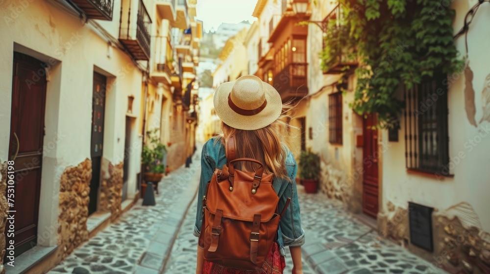 beautiful woman with her back turned in a beautiful little town with a backpack and a day hat in high resolution and high quality. travel,tourism,backpackers concept