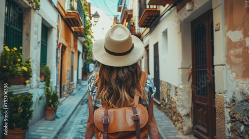 beautiful woman from behind in a beautiful little town with a backpack and day hat in high resolution © Marco
