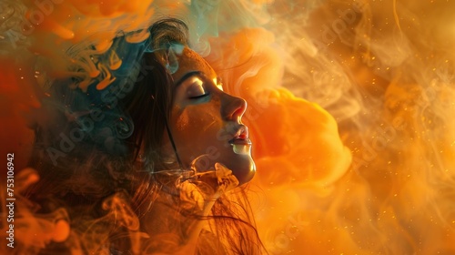 Enveloped in a vibrant plume of orange smoke, a woman becomes one with the vivid hues.