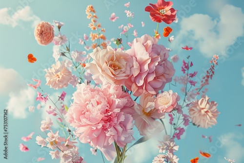 Ethereal Spring Awakening Floating Bouquet of Blushing Blooms Against a Serene Sky