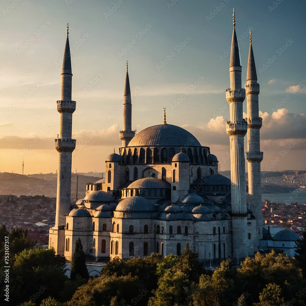 Naklejka premium beautiful mosque at night city