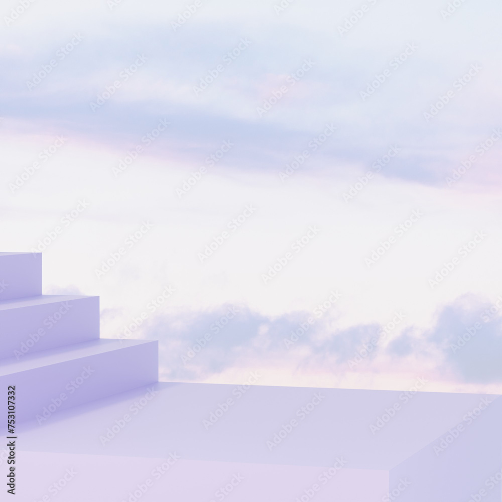 3D render of a purple podium for product presentation with a backdrop of the sky