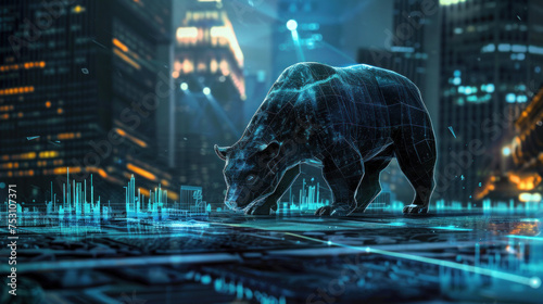 Concept art of bearish down financial market in futuristic style with 3D  bear and futuristic environtment UI and city buildings, Generative AI