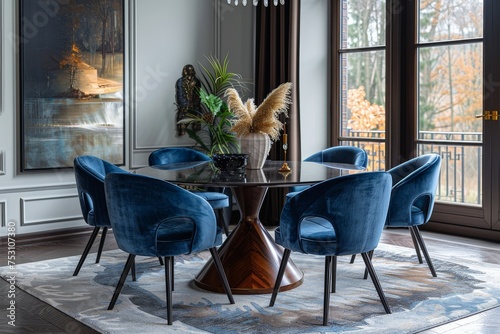 A tasteful dining area with modern blue chairs set against a backdrop of forest imagery for a serene dining experience photo