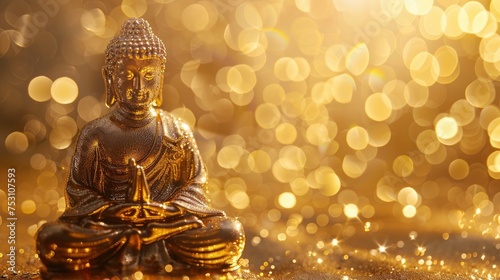 A golden Buddha statue in a golden background, I can't believe how beautiful this is, poolcore, daylight effect, copy space - generative ai photo