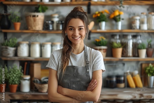 A young smiling woman stands confidently in a kitchen with crossed arms, wearing an apron photo