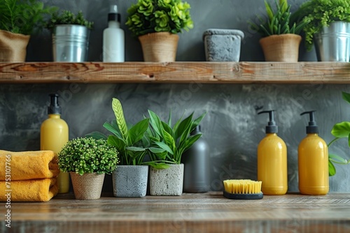 A stylish arrangement of live potted plants and bathing products on a wooden shelf in the bathroom