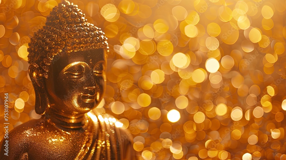 A golden Buddha statue in a golden background, I can't believe how beautiful this is, poolcore, daylight effect, copy space - generative ai A golden Buddha statue in a golden background, I can't believe how beautiful this is, poolcore, daylight effect, copy space - generative ai