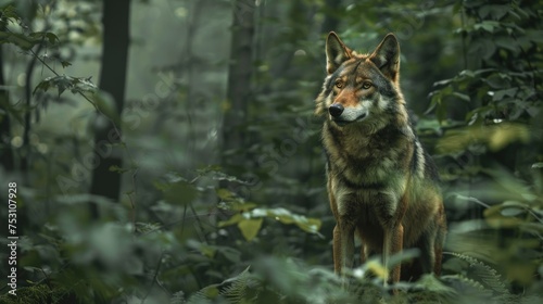 Portrait of grey wolf Canis lupus on the forest. generative AI image