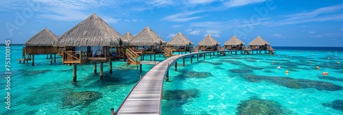 Scenic wooden walkway to overwater bungalows above turquoise ocean water at tropical resort © Ilja