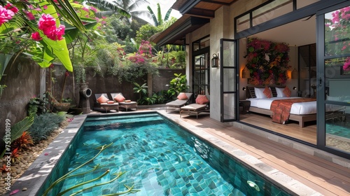 private pool with flowers and greenery around