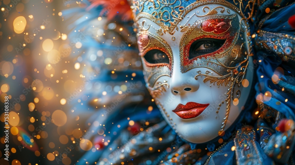A Venetian Mask With Abstract Defocused Bokeh Lights And Shiny Streamers - A Masquerade Disguise Concept