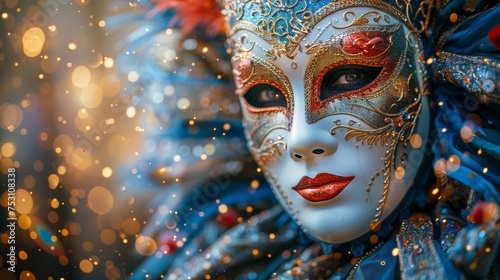 A Venetian Mask With Abstract Defocused Bokeh Lights And Shiny Streamers - A Masquerade Disguise Concept