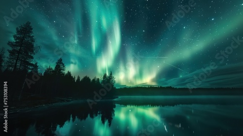 Northern Lights illuminates the starry sky  casting an ethereal glow upon the nocturnal landscape.