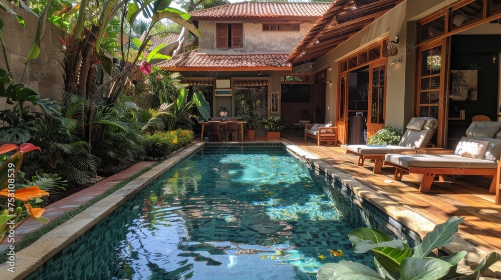 private pool with flowers and greenery around