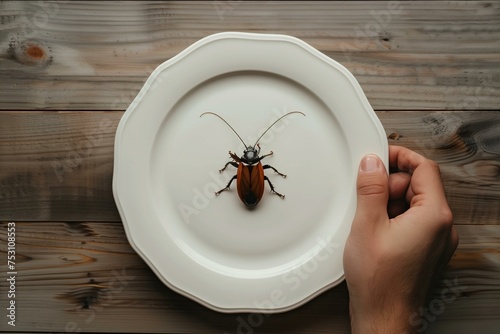 Hand holding a plate with an insect on a wooden table. © Generative ART